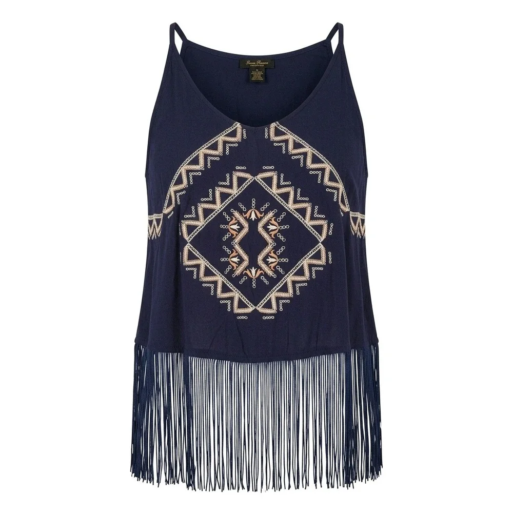Jenna Hansen Navy Blue Embroidered‎ Fringe Hem Cami Tank Top Boho Festival XS